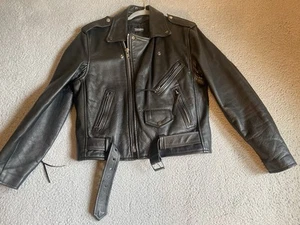 DE COLECCIÓN Primera Chaqueta de Motociclista de Cuero Genuino con Cinturón 38 Negra ¡BONITA! - Imagen 1 de 11