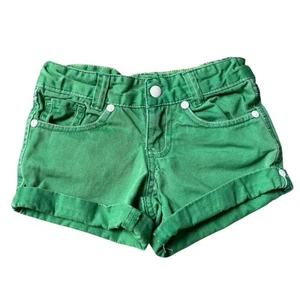 Girls 4 Faded Glory Green Denim White Trim Rolled Cuff Pocket Summer Shorts - Picture 1 of 4