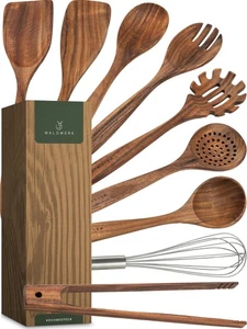 Wooden Spoons for Cooking – 9-Piece Kitchen Utensils Set with Spatula, Tongs,... - Picture 1 of 6