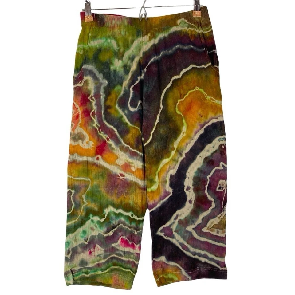 Pantalones Tie Dye Hechos a Mano Para Mujer Pequeños Geoda Culottes Capri Crops Dorado Púrpura Verde Foto 1 de 4
