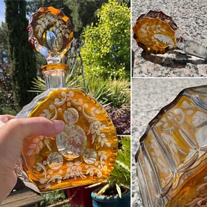 ANTIQUE CZECH MOSER INTAGLIO AMBER CASED ENGRAVED TO CLEAR GLASS DECANTER 10” -2 - Picture 1 of 17