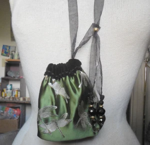 Reversible Black Velvet Olive Green Dragonfly Adjustable Necklace Bag Pouch - Picture 1 of 6