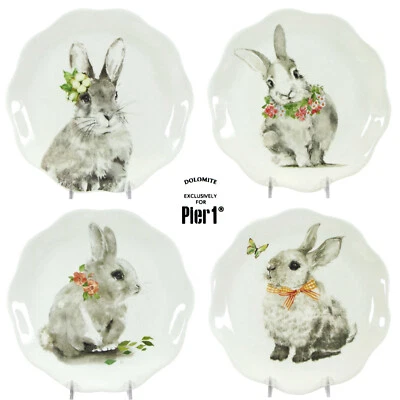 NEW Pier 1 Imports BUNNY PALS 8.5" Salad Plate Set 4Pc Rabbit Flower Butterfly - Image 1 of 4
