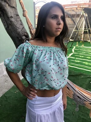 camicetta donna top seta verde tiffany sbuffo sexy fresca M/L ada klementi - Immagine 1 di 4