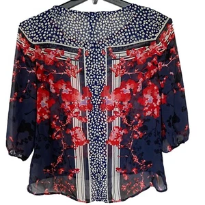 Guess Los Angelis Womens Top M Sheer 3/4 Sleeves Multicolor Floral Blue Red HiLo - Picture 1 of 8
