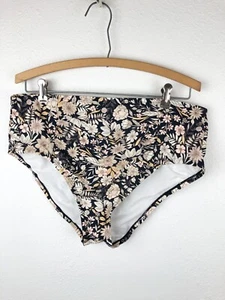 Kona Sol Women XL High Waisted Ruched Floral Black Bikini Bottom Beach Fun A12 - Picture 1 of 6