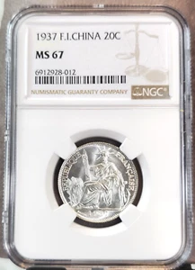 1937 FRENCH INDO CHINA SILVER 20 CENTS NGC MS 67 RARE GEM BU BEAUTY - Picture 1 of 3