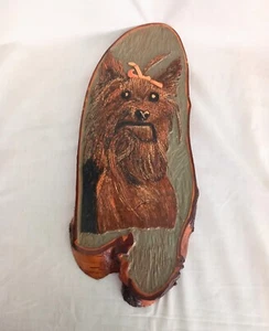 Hand made Tree Trunk Slice Carved Wood dog wall art Yorkshire terrier 17" - Picture 1 of 5