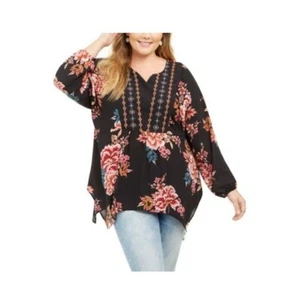 Style Co Womens Plus 3X Festive Black Floral Long Sleeve Sheer Top NWT AF65 - Picture 1 of 4