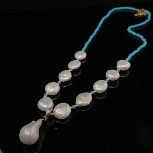 Collar Colgante Moneda Blanco Natural 18"-28" Perla Barroca y Turquesa Gemas Cuentas - Imagen 1 de 5