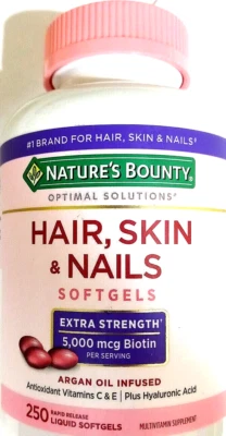 Nature's Bounty Hair Skin & Nails 250 Softgels 5000 mcg Biotin EXP 03/2027 - Image 1 of 3