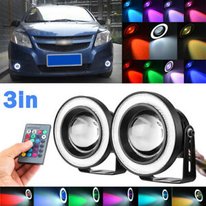 2x 3in RGB LED Projector Fog Lights with White COB Angel Eyes Halo Rings light