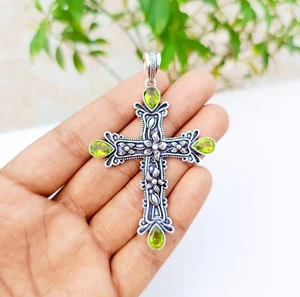 Green Peridot Cross Pendant 925 Sterling Silver Handmade Gemstone Jewelry 2.83" - Picture 1 of 4