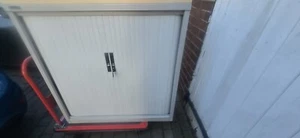 Ex Showroom display Silverline Tambour cupboard light grey & oak top. - Picture 1 of 9