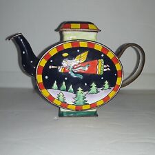 Miniature Enamel Teapot Night Angel Flying over Winter Trees Snow with Lid.