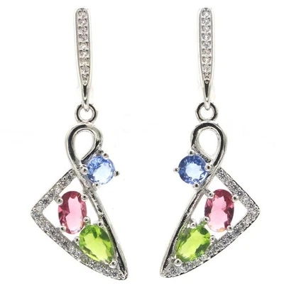Multi Color Violet Tanzanite Tourmaline Green Peridot CZ Silver Earrings - Image 1 of 3