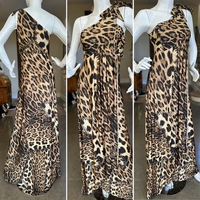 Vestido de Noche Roberto Cavalli Vintage Un Hombro Estampado Leopardo Punto Látigo Foto 1 de 4
