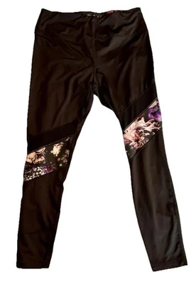 Bebe Sport Black Leggings Women's XL Floral & Mesh Inset Diagonal Floral Panels - Image 1 of 4