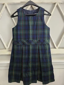 Land's End Girls Plaid Uniform Jumper Size 8 Back To School Navy Green Pleated - Picture 1 of 7