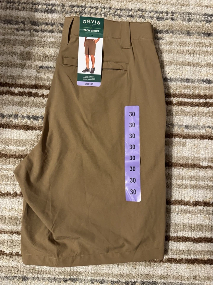 Orvis Men's 4 way Stretch Tech  Shorts Brown/ Tan Size 30 Zipper Pocket NEW - Image 1 of 1