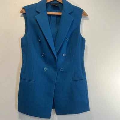 Akris Faux-Breasted Linen Wool Double-Face Gilet (Georgia) Sz 8 Teal No Belt - Image 1 of 4