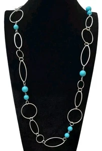 Finesse Silver Tone Linked Rings With Blue Beads Long Necklace 34” - Picture 1 of 7