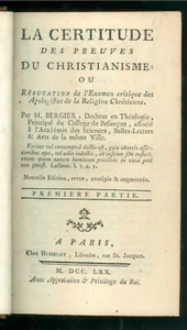 BERGIER NICOLAS SYLVESTRE DIE GEWISSHEIT DER BEWEISE CHRISTIANISMUS DEMUMBLOT 1770 - Bild 1 von 3