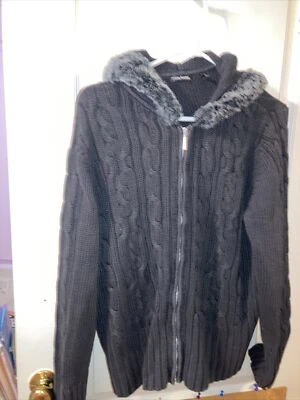 Women’s Daisy Fuentes 1X Black Zip Up Sweater W/Hood & Faux Fur  - Image 1 of 4