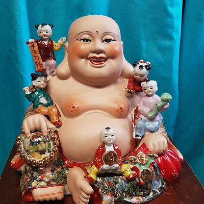 Buda Rosa Familia China con 5 Niños Porcelana, Cerámica Nuevo Estado Foto 1 de 4