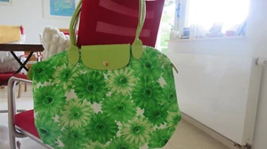 Longchamp kleine Tasche grün weiß Blumen TOP Leder und Stoff Henkeltasche - Bild 1 von 12