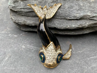 Kenneth Jay Lane KJL Dramatic Koi Fish Black Enamel and Rhinestone Brooch/Pin   - Image 1 of 4