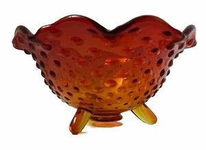 Vintage Amberina Dish  Hobnail Scalloped Edge 3 Footed Orange Gold Red CandyDish - Picture 1 of 14