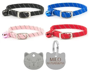 Cat Collar Ancol Reflective Softweave Safety Elastic With 22mm Cat Face ID Tag - Picture 1 of 5