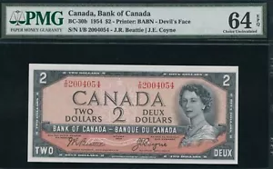1954 Bank of Canada $2 - Devil's Face Changeover Prefix BC-30b. PMG Choice Unc. - Picture 1 of 2