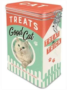 Retro Clip Top Embossed Storage Tin Metal Box GOOD CAT TREATS 1950's 1.3Ltr - Foto 1 di 8