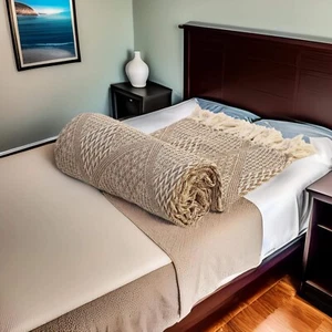 63"x50" Beige Ivory Hand-Woven Cotton Reversible Farmhouse Boho Throw Blanket - Picture 1 of 8