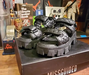 NEW Women's Size 5 LEATHER MISSGUIDED QUILTED CHUNKY GRANDAD SANDALS BLACK w/box - Picture 1 of 12