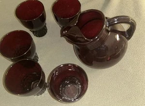 Vintage Anchor Hocking Glass 40 OZ Ruby Red Tilt Ball Pitcher 5-10 oz Tumblers - Picture 1 of 4