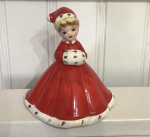Vntg Josef Originals  Christmas Girl w/Muff Bell Figurine Red Dress 3 1/2" - Picture 1 of 10