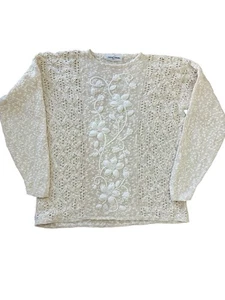Suéter De Colección Años 90 Informal Esquina Textura Crema Tejido Floral Cottagecore Coqueta XL - Imagen 1 de 3