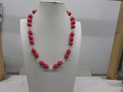 Vintage Red Moon Glow & Clear Ab Acrylic Beaded Necklace 22" Long #81I - Image 1 of 4