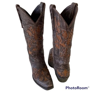 Botas vaqueras Lane Western con incrustaciones de cuero envejecido talla 6,5 marrón media pantorrilla  Foto 1 de 4