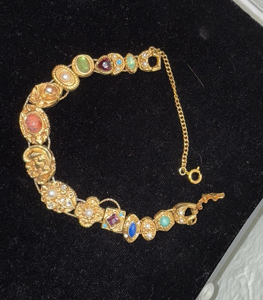Gorgeous Vtg Victorian Revival  Slide Charm Bracelet 8" - Image 1 of 4
