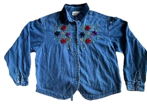 vintage 1980s denim embroidered button up long sleeve velvet collar Women’s  L - Picture 1 of 10