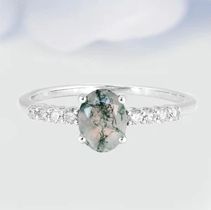 Oval Cut Natural Moss Agate Solitaire Ring 925 Silver Jewelry Gift for Her - Picture 1 of 6