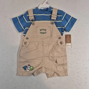 Conjunto de camiseta corta Carter's bebé niño 9 meses azul tostado a rayas tema de béisbol - Imagen 1 de 9