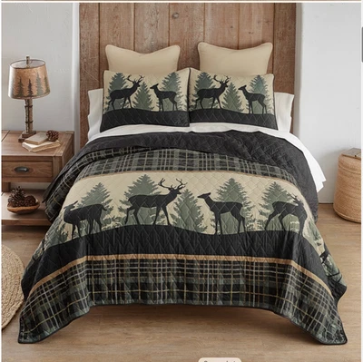 Deer Walk Printed Quilted Bedspread and Sham Set Country Lodge Cabin Rustic - Image 1 of 4