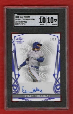 2023 Leaf Trinity Baseball #BA-EH1 Ethan Holliday Purple Auto 1/10 SGC 10-10 - Image 1 of 2