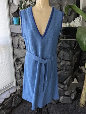 Vintage 1960s Blue Tweed Pinafore Jumper Dress Handmade Self Belt V-neck Med - Image 1 of 4