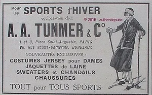 PUBLICITE A.A TUNMER SPORT D'HIVER SKI NEIGE CHAUSSURE VETEMENT DE 1917 AD PUB - Picture 1 of 1